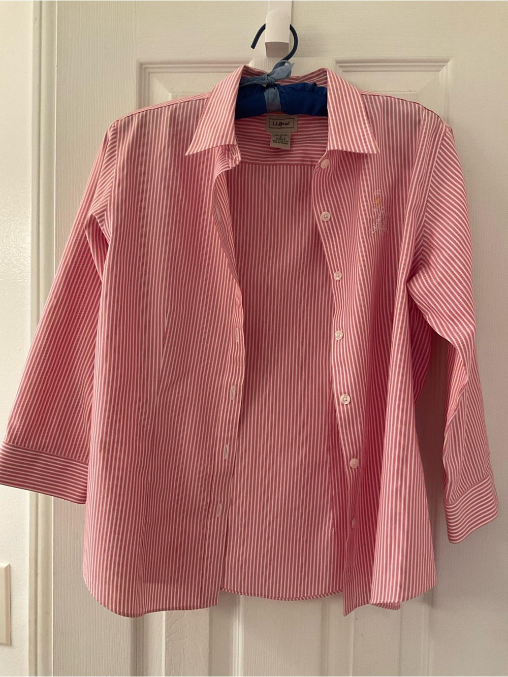 L.L. Bean Pink White Striped 3/4 sleeve Button-Down Shirt 20” chest by 20” long
